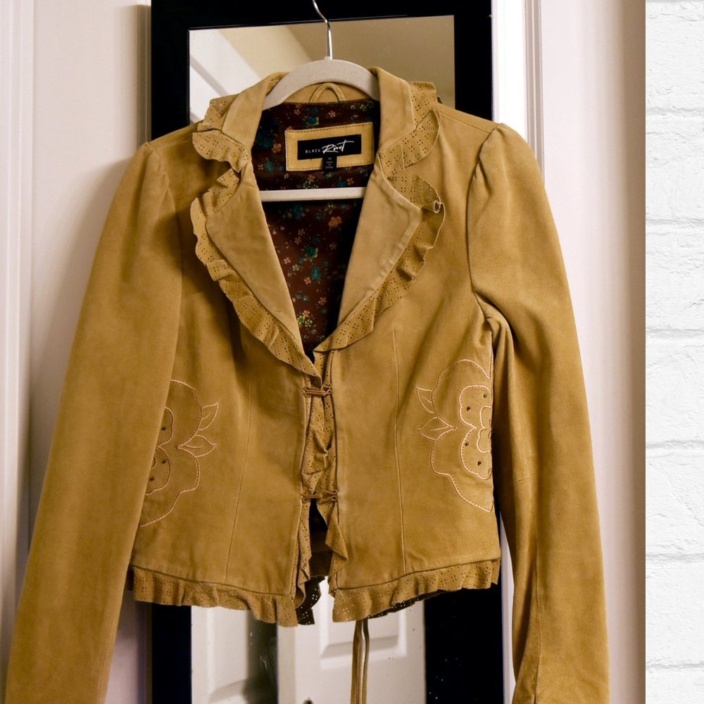 Black Rivet tan suede jacket. So cute with ruffles